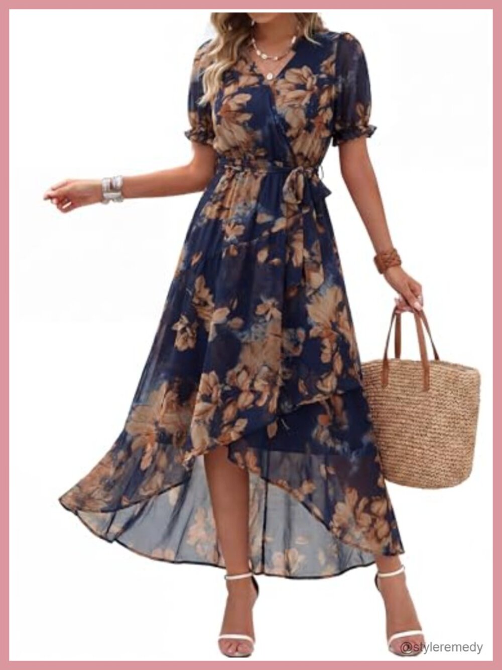 Simplee Womens Chiffon Floral Maxi Dress Wrap Puff Sleeve Boho Wedding Guest